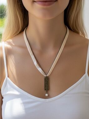 Demdaco Cream Ribbon 'Love' Pendant Necklace with Pearl Accent